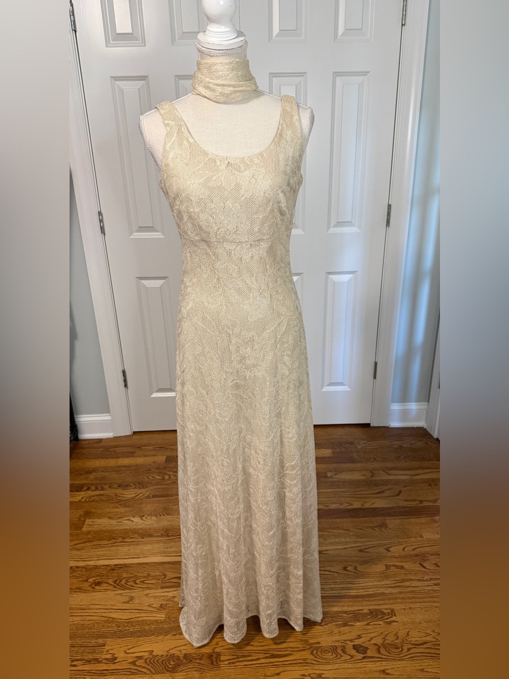 VTG Nightway Collection Lace Gown Maxi Dress Sz 8 Beige Cream With Scarf Y2K